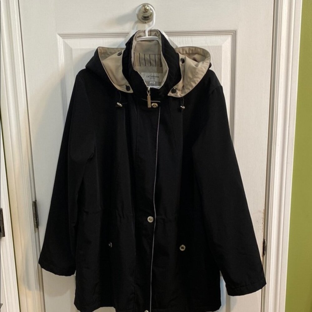 Liz Claiborne Spring All Weather Mid Length Coat Jacket Zip Removable Hood Large